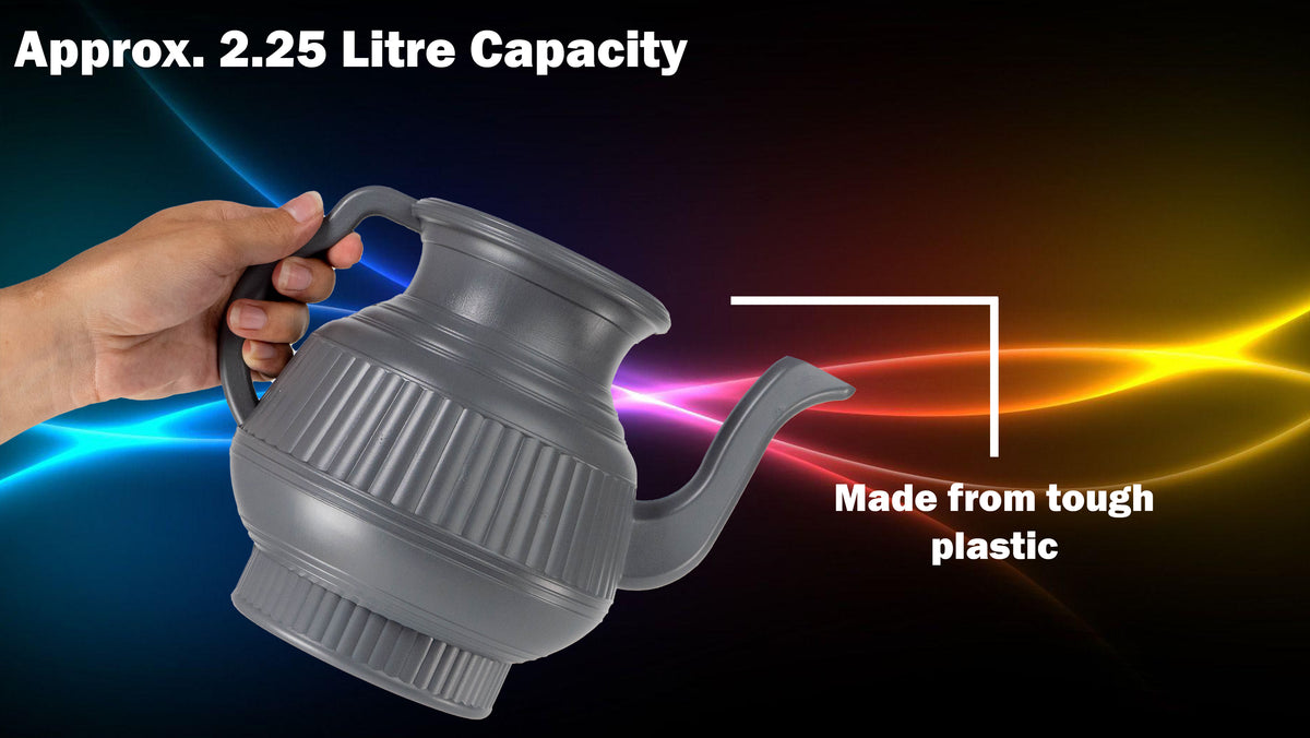 Gray 2.25L Lota and Bodna toilet wash jug showing capacity and durable plastic construction